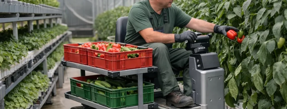 Chariot de récolte motorisé pour serre en action, utilisé par un jardinier dans une serre moderne pour récolter des légumes.