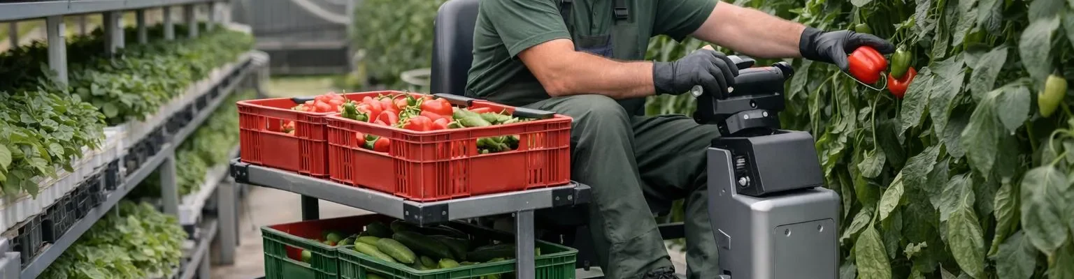 Chariot de récolte motorisé pour serre en action, utilisé par un jardinier dans une serre moderne pour récolter des légumes.