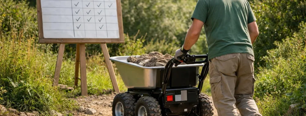 "Brouette électrique tout terrain en action, testée dans un jardin - évaluation de modèles"