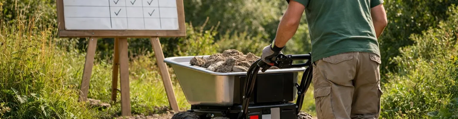 "Brouette électrique tout terrain en action, testée dans un jardin - évaluation de modèles"