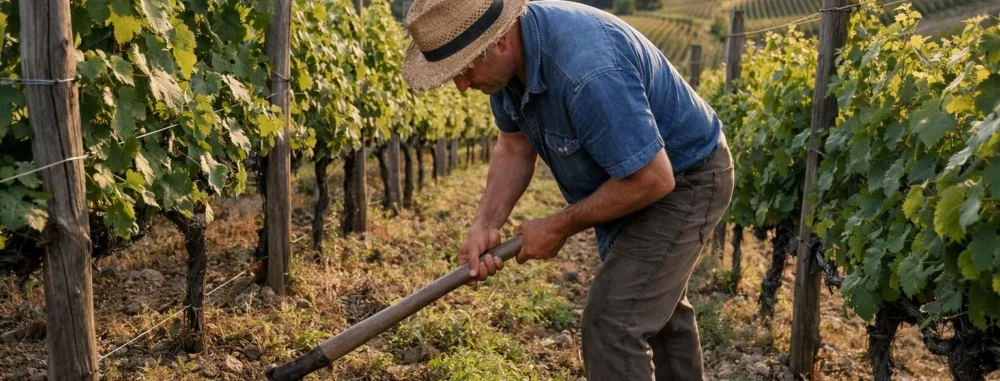 Vigneron en train de désherber manuellement entre les rangées de vignes en viticulture biologique