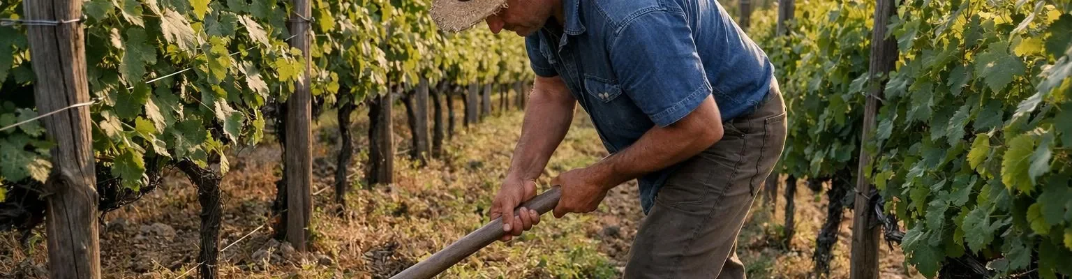 Vigneron en train de désherber manuellement entre les rangées de vignes en viticulture biologique