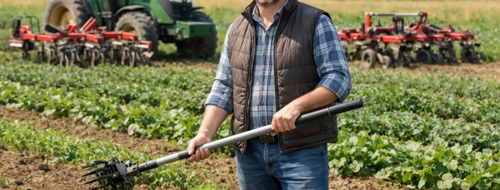 "Agriculteur utilisant un désherbeur mécanique dans un champ pour une agriculture durable"
