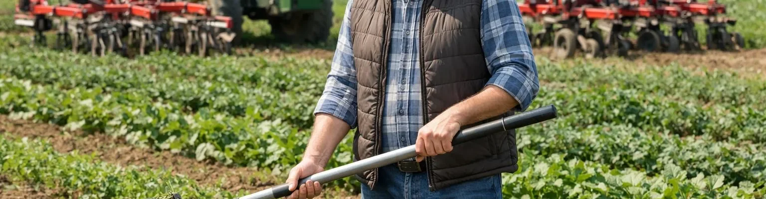 "Agriculteur utilisant un désherbeur mécanique dans un champ pour une agriculture durable"