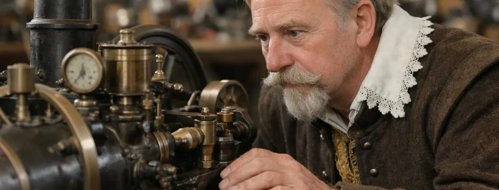 Gustave Adolphe examine une ancienne machine à vapeur avec curiosité.