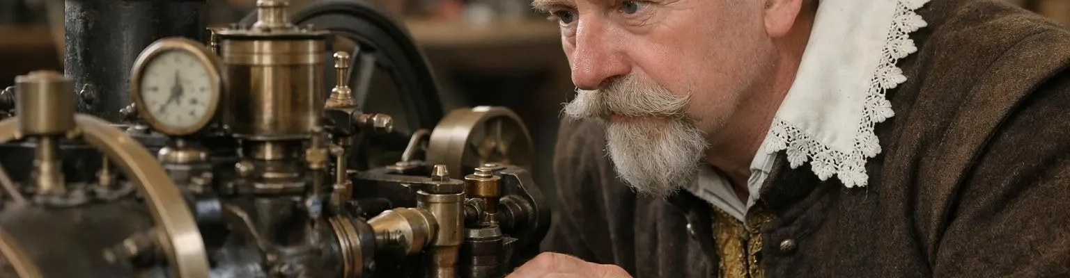 Gustave Adolphe examine une ancienne machine à vapeur avec curiosité.