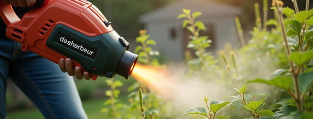 Désherbeur thermique en action dans un jardin ensoleillé, éliminant les mauvaises herbes avec efficacité.