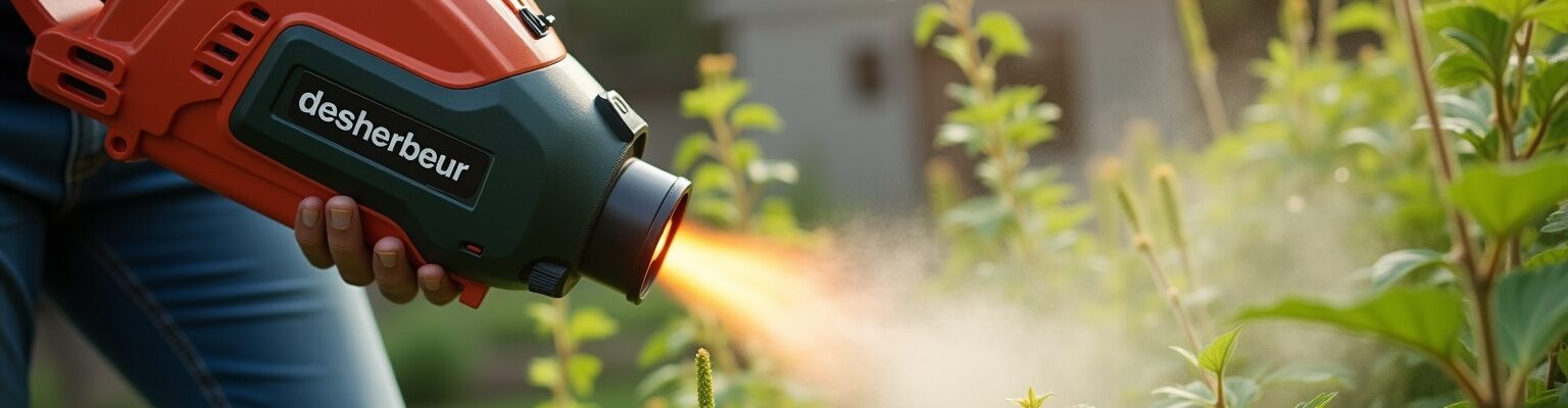 Désherbeur thermique en action dans un jardin ensoleillé, éliminant les mauvaises herbes avec efficacité.