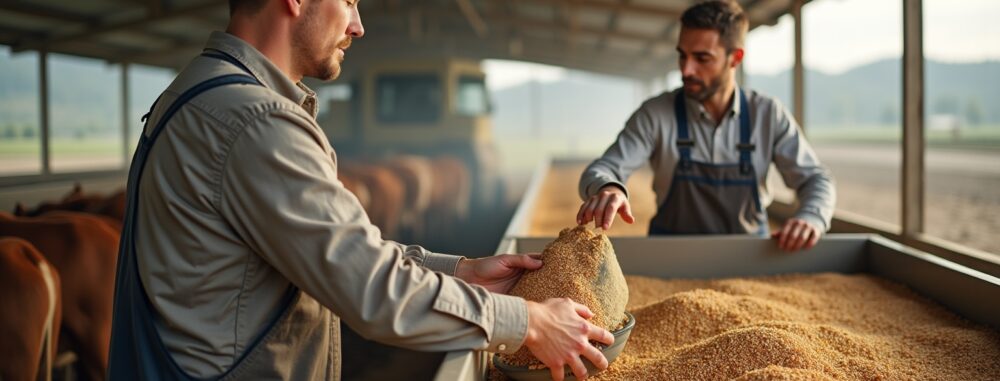 "Agriculteur vérifiant le système d'automatisation de distribution de fourrage dans une ferme"