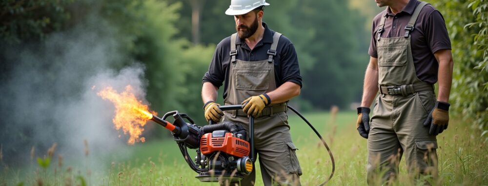 "désherbeur thermique pour paysagiste en action dans un jardin"