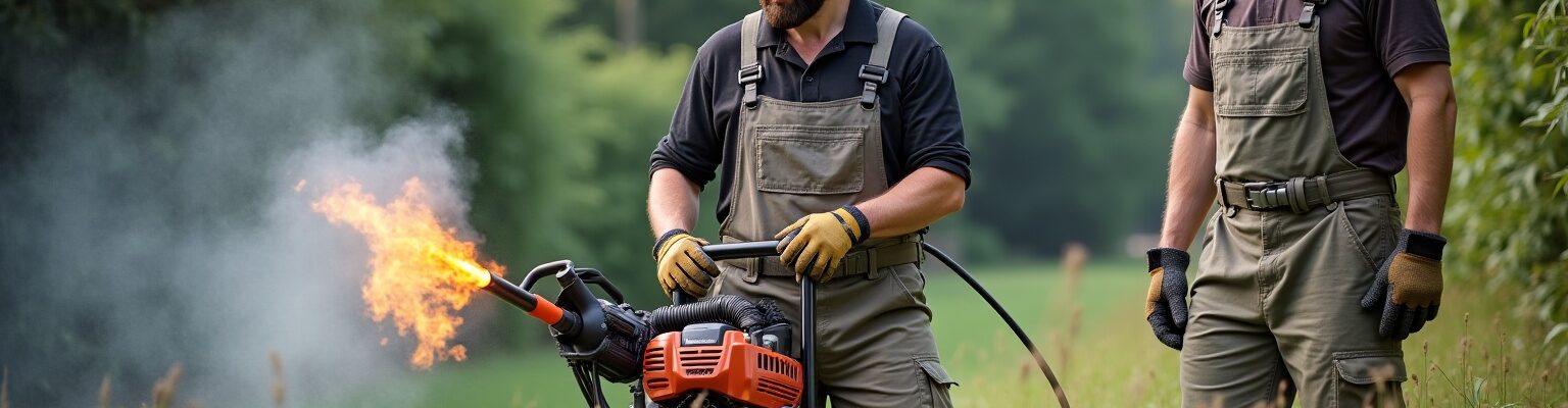 "désherbeur thermique pour paysagiste en action dans un jardin"