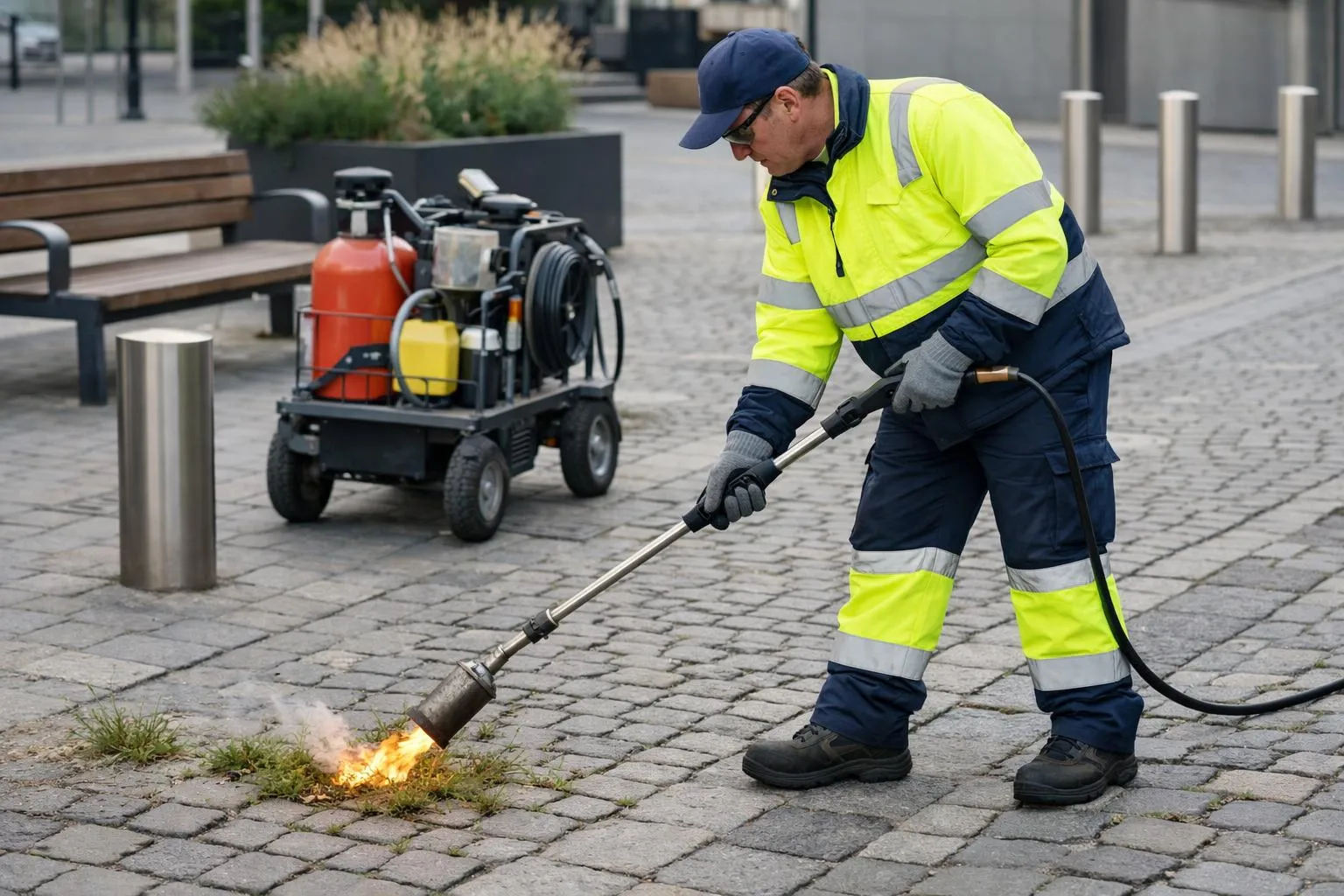 Ouvrier utilisant un brûleur pour éliminer les mauvaises herbes sur un trottoir.