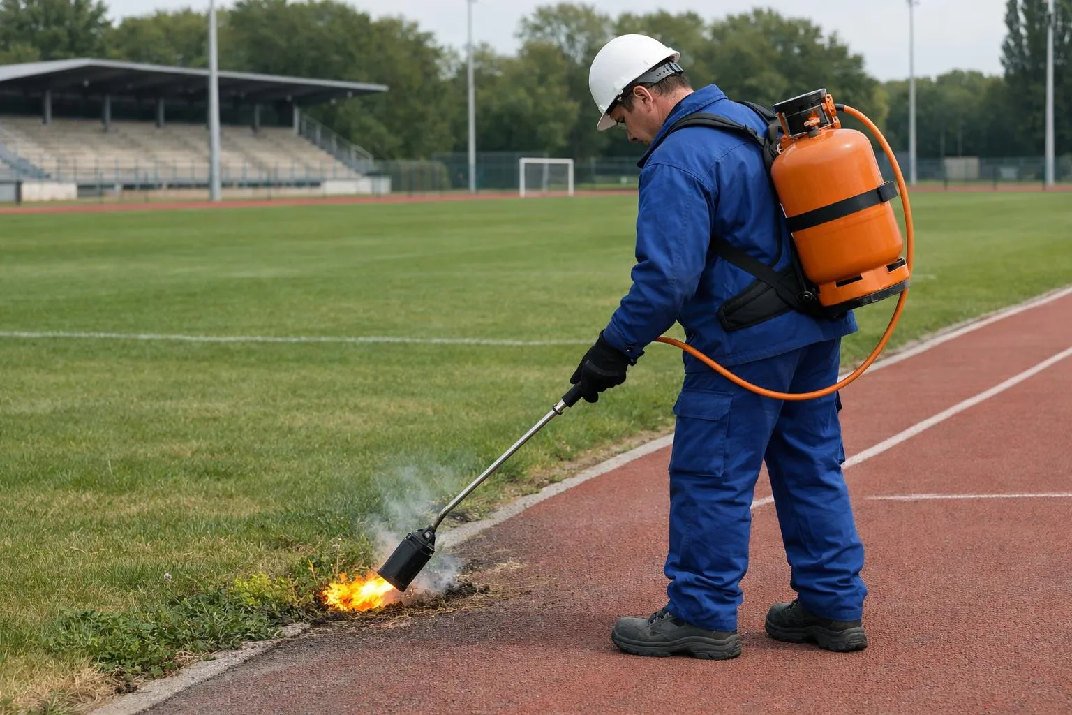 Ouvrier en uniforme bleu pulvérisant un herbicide sur un terrain de sport.