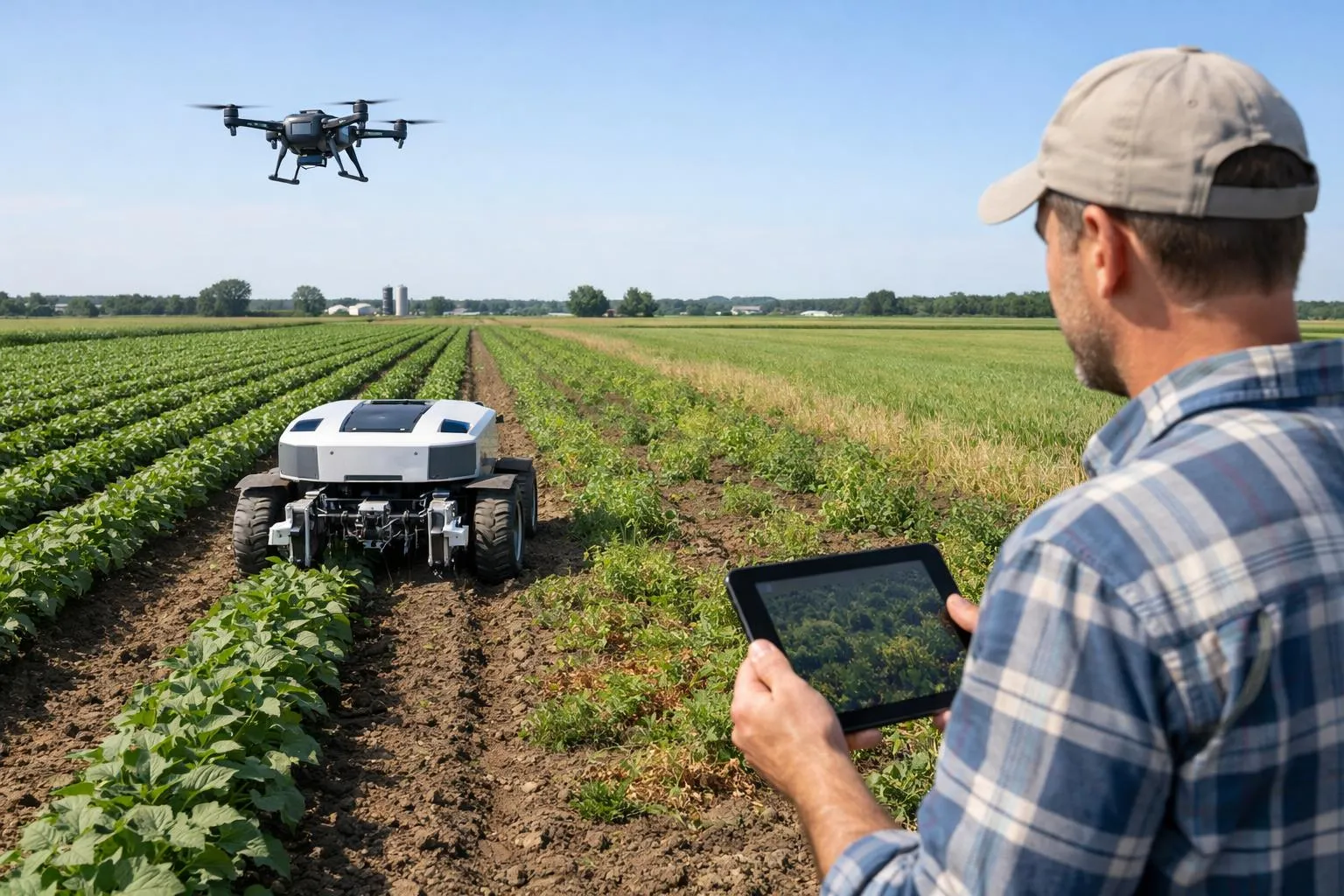 Agriculteur utilisant un drone et un robot pour surveiller un champ de culture.