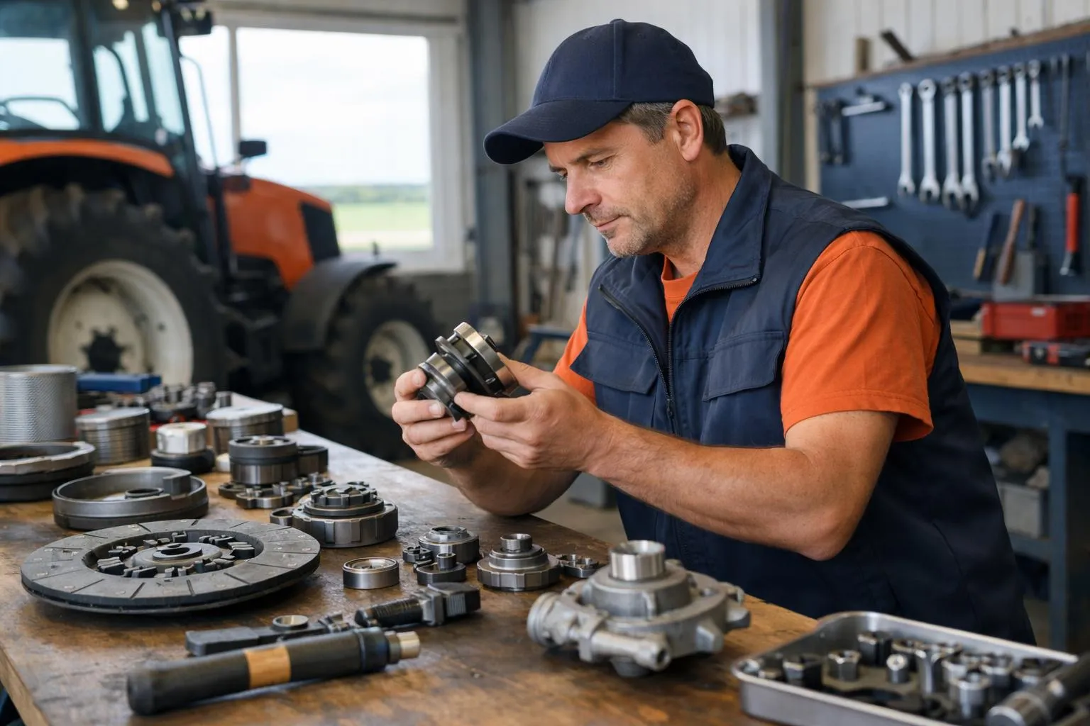 Mécanicien réparant des pièces de machine agricole dans un atelier.