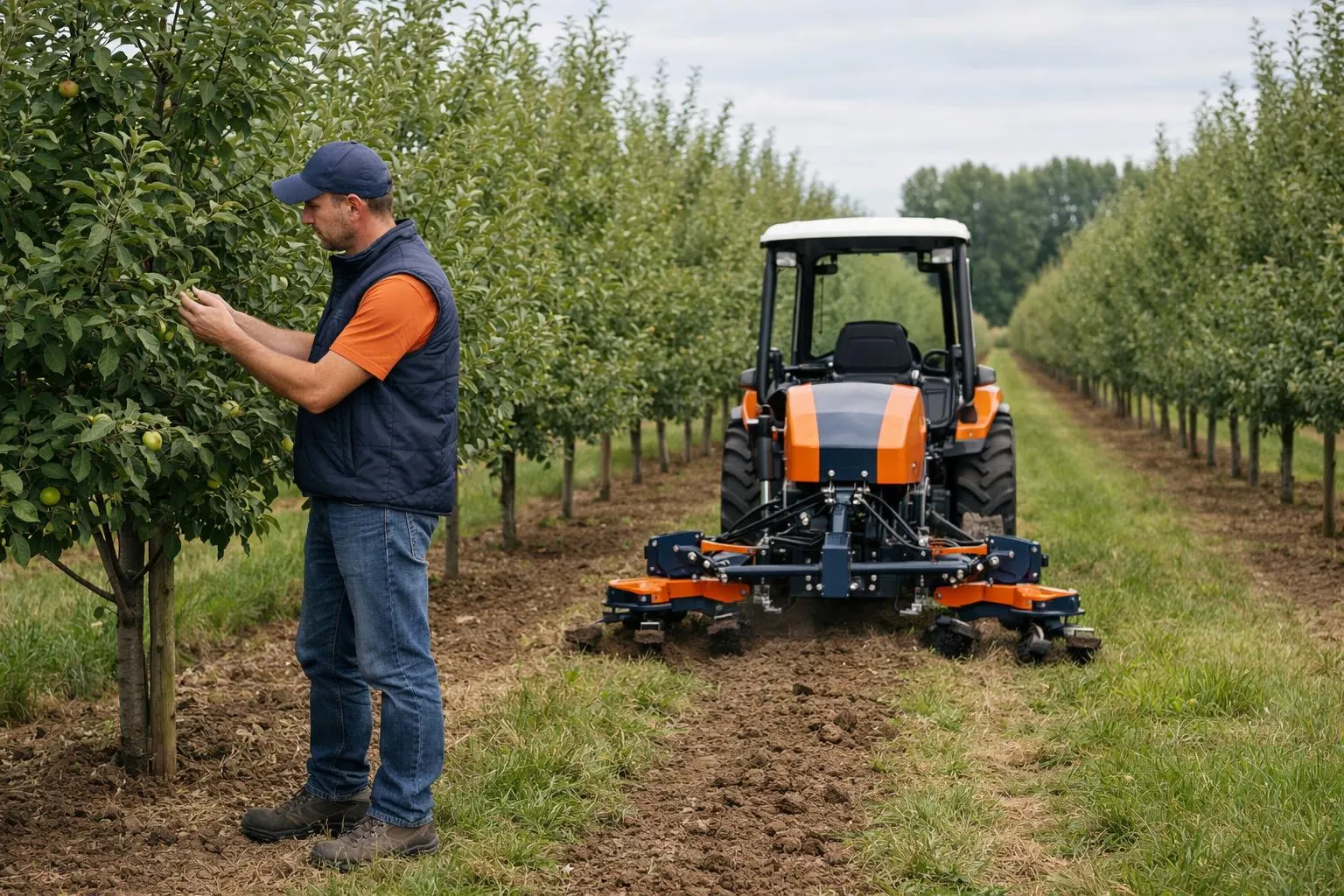 Homme travaillant dans un verger avec un tracteur agricole.