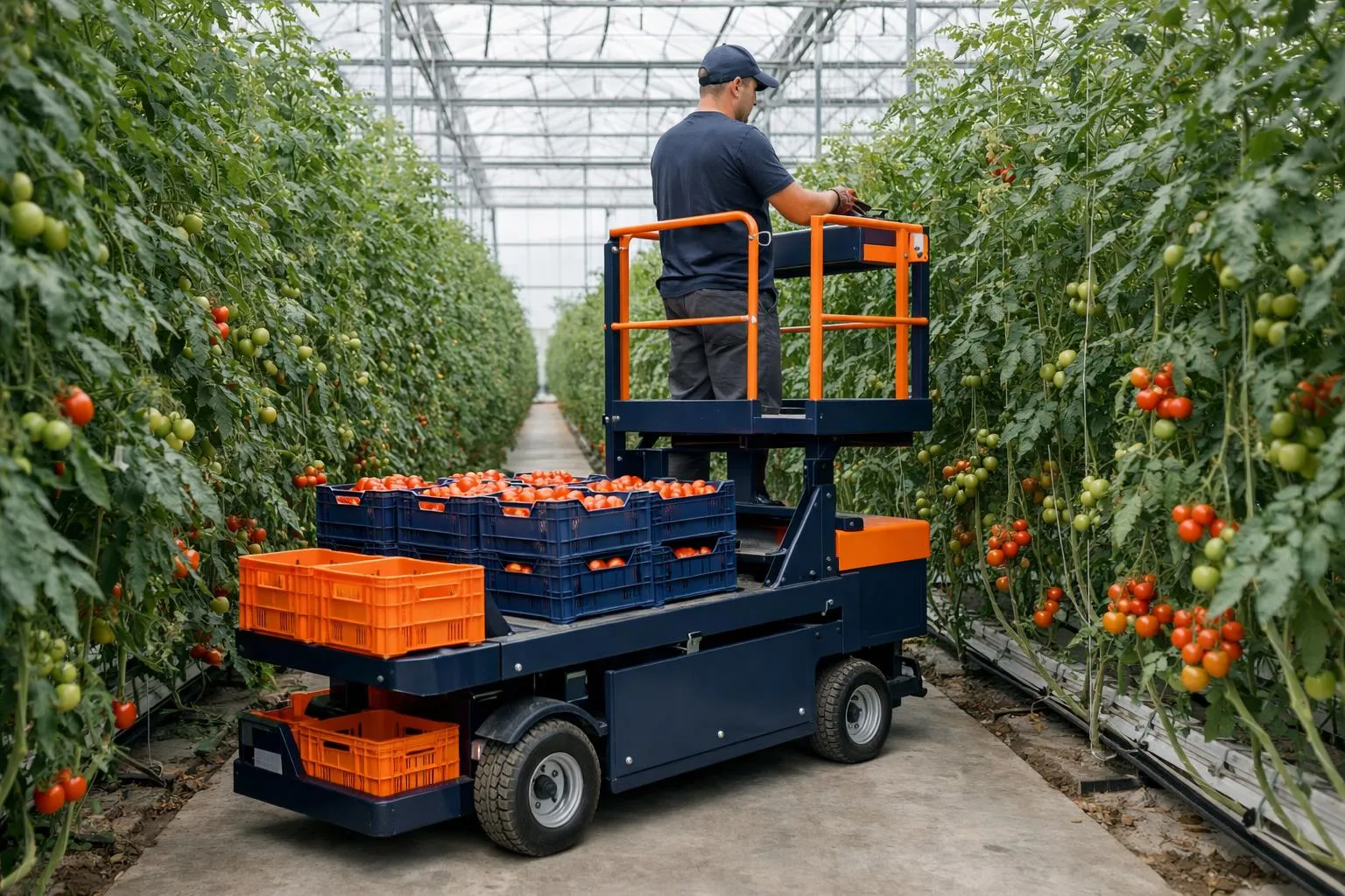 Ouvrier récoltant des tomates dans une serre à l'aide d'un chariot élévateur.