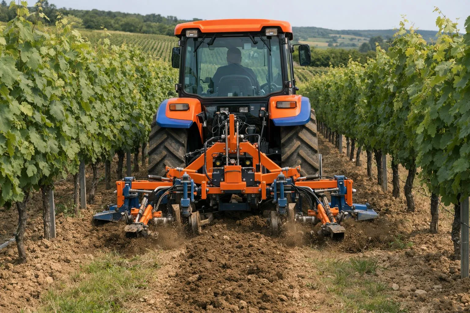 Tracteur agricole orange travaillant dans un vignoble.
