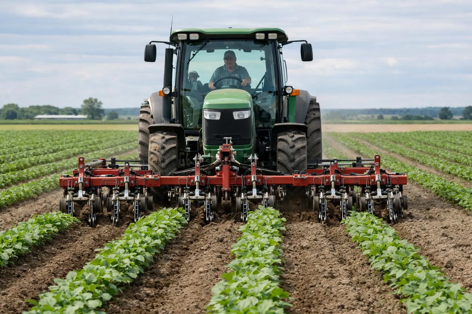 Tracteur agricole vert cultivant des rangées de légumes dans un champ.