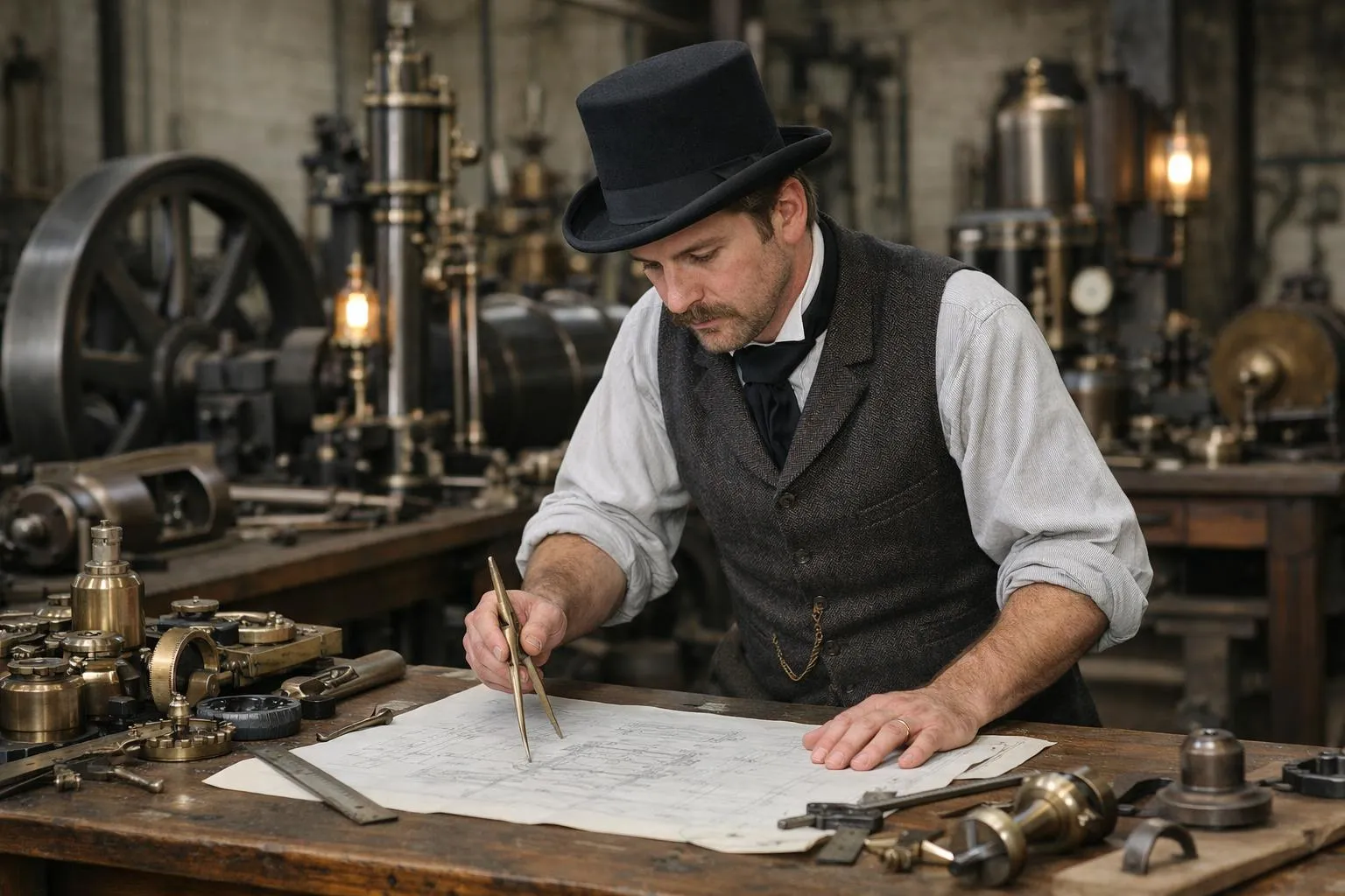 Homme en costume victorien travaillant sur des plans techniques dans un atelier.