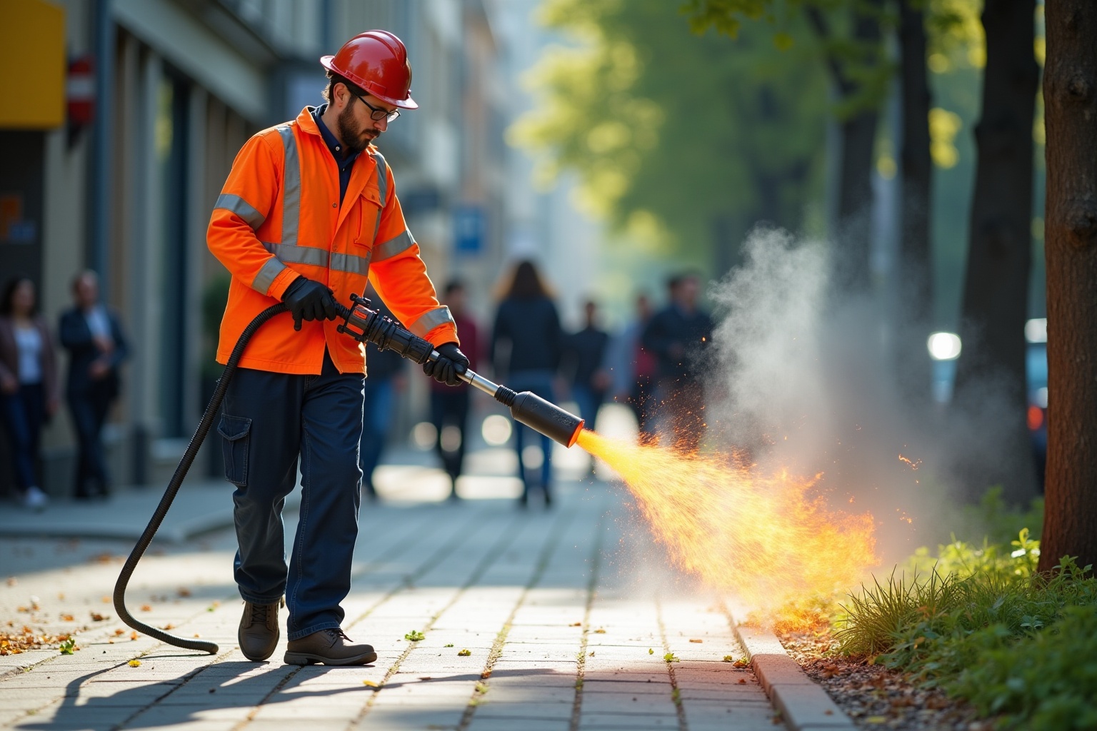 Ouvrier en tenue de sécurité utilisant un chalumeau pour nettoyer le trottoir.
