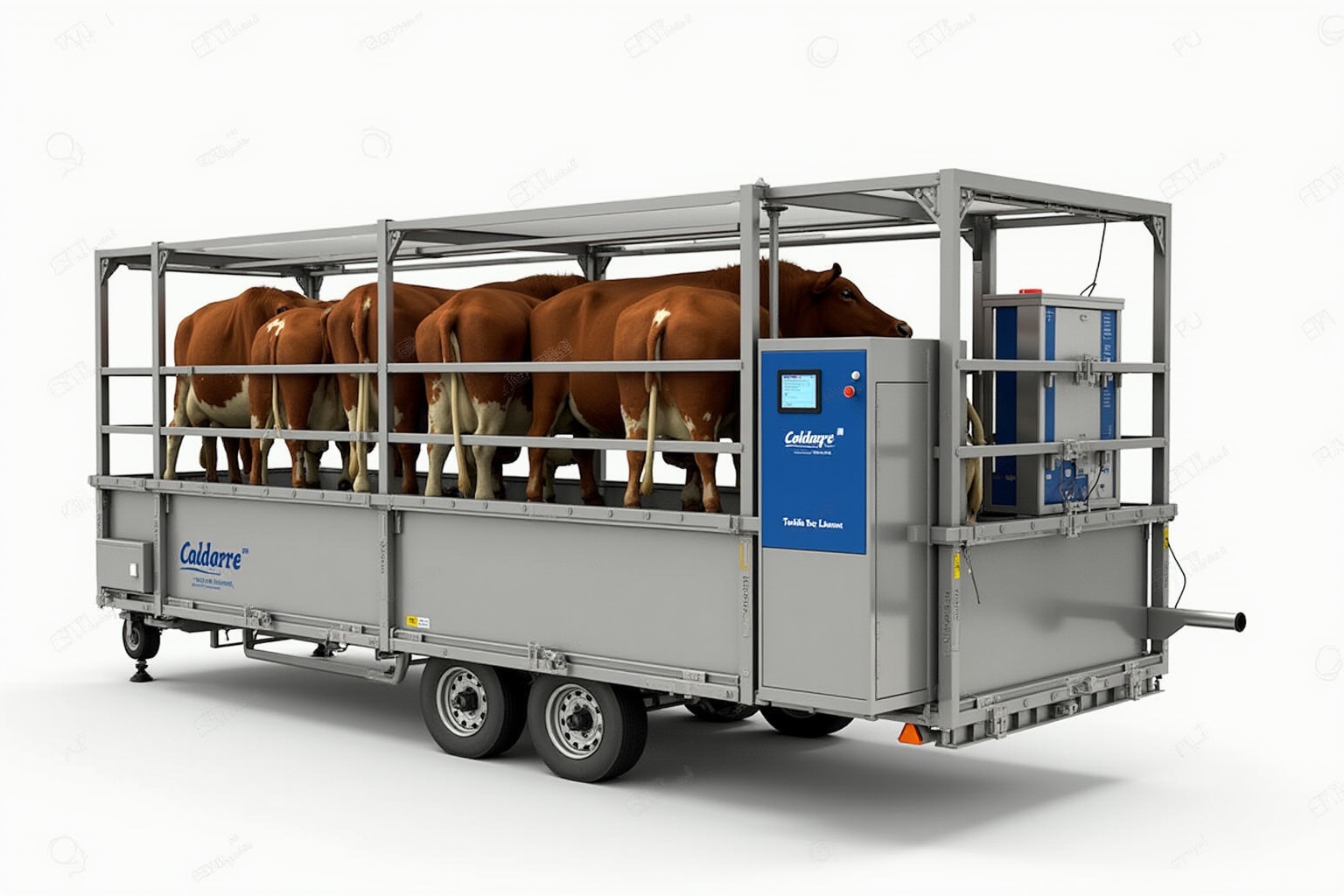 Remorque de transport de bétail avec des chevaux bruns à l'intérieur.