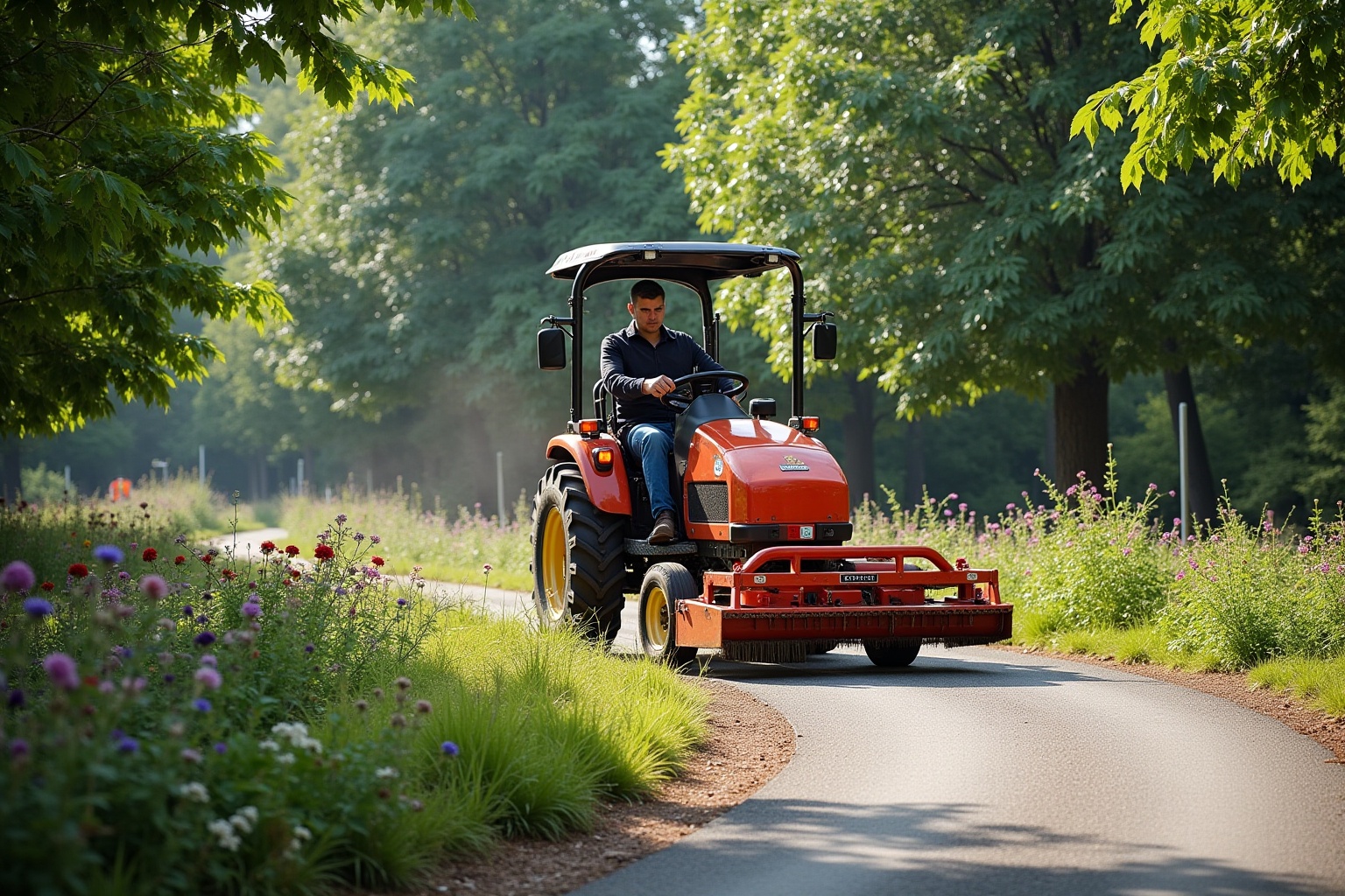 Tracteur orange traversant un chemin de campagne entouré de verdure.