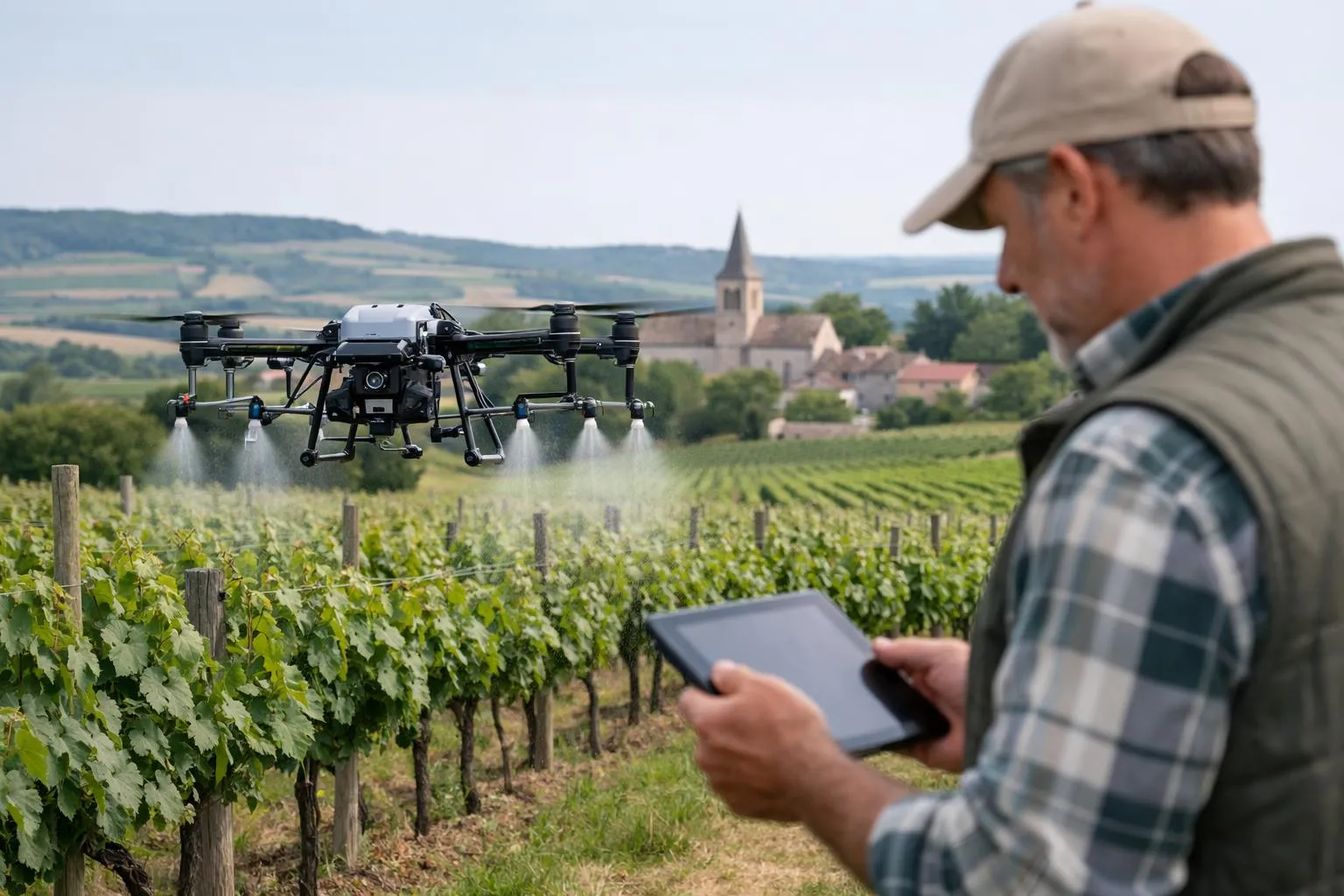 Drone agricole survolant un vignoble dans un paysage rural.