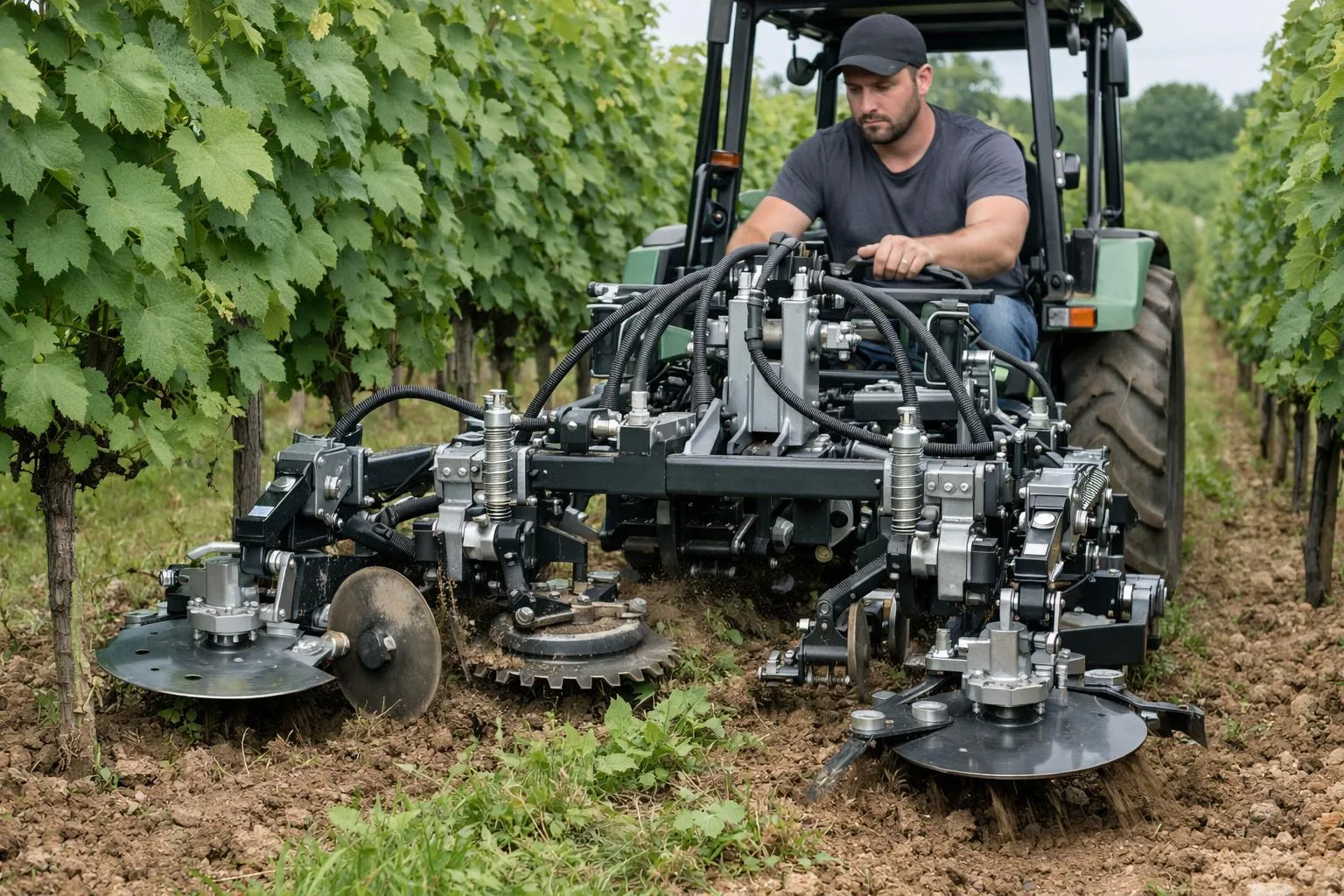 Tracteur agricole équipé d'un système de tonte dans un vignoble.