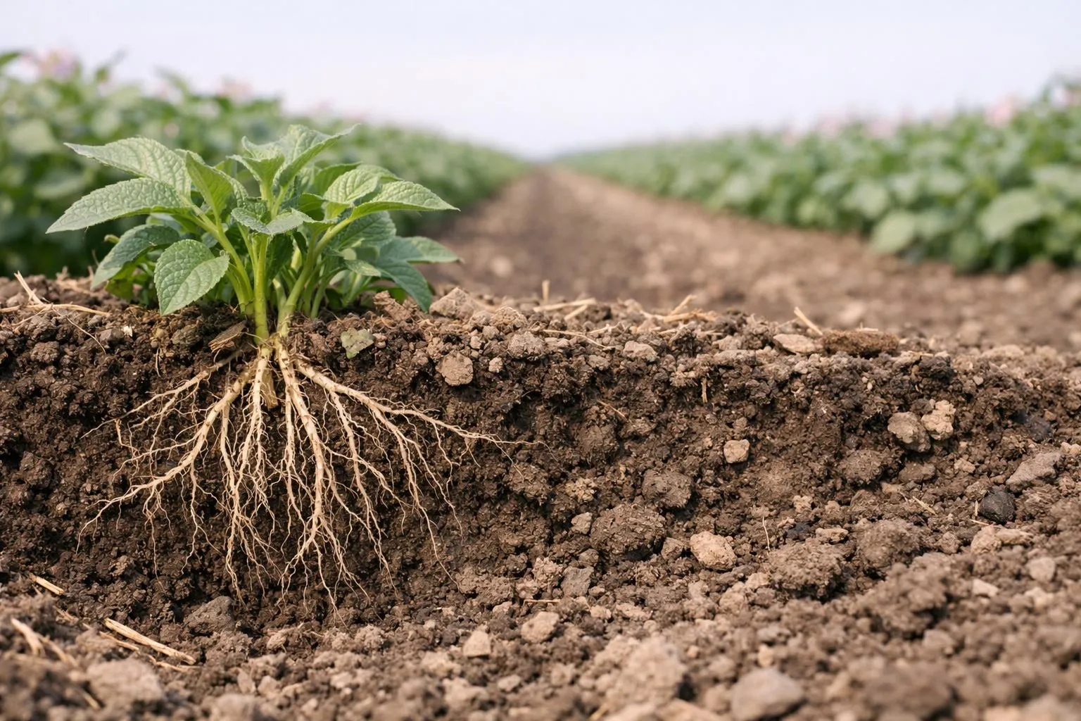 Plante verte avec racines dans le sol fertile.