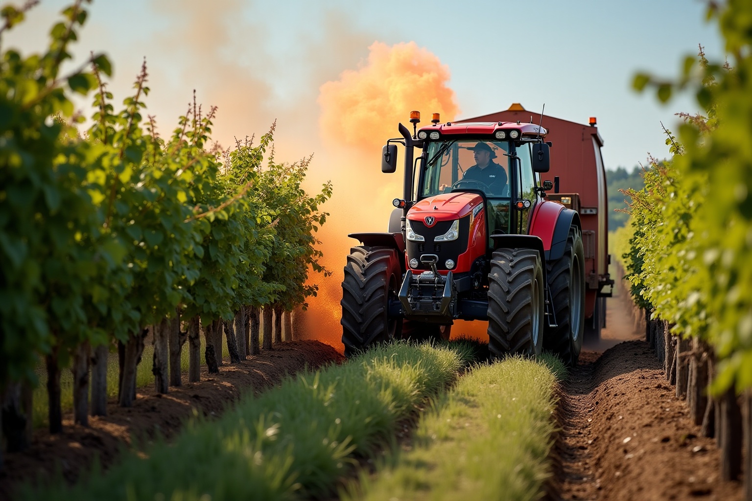 Tracteur rouge traversant un vignoble au coucher de soleil.