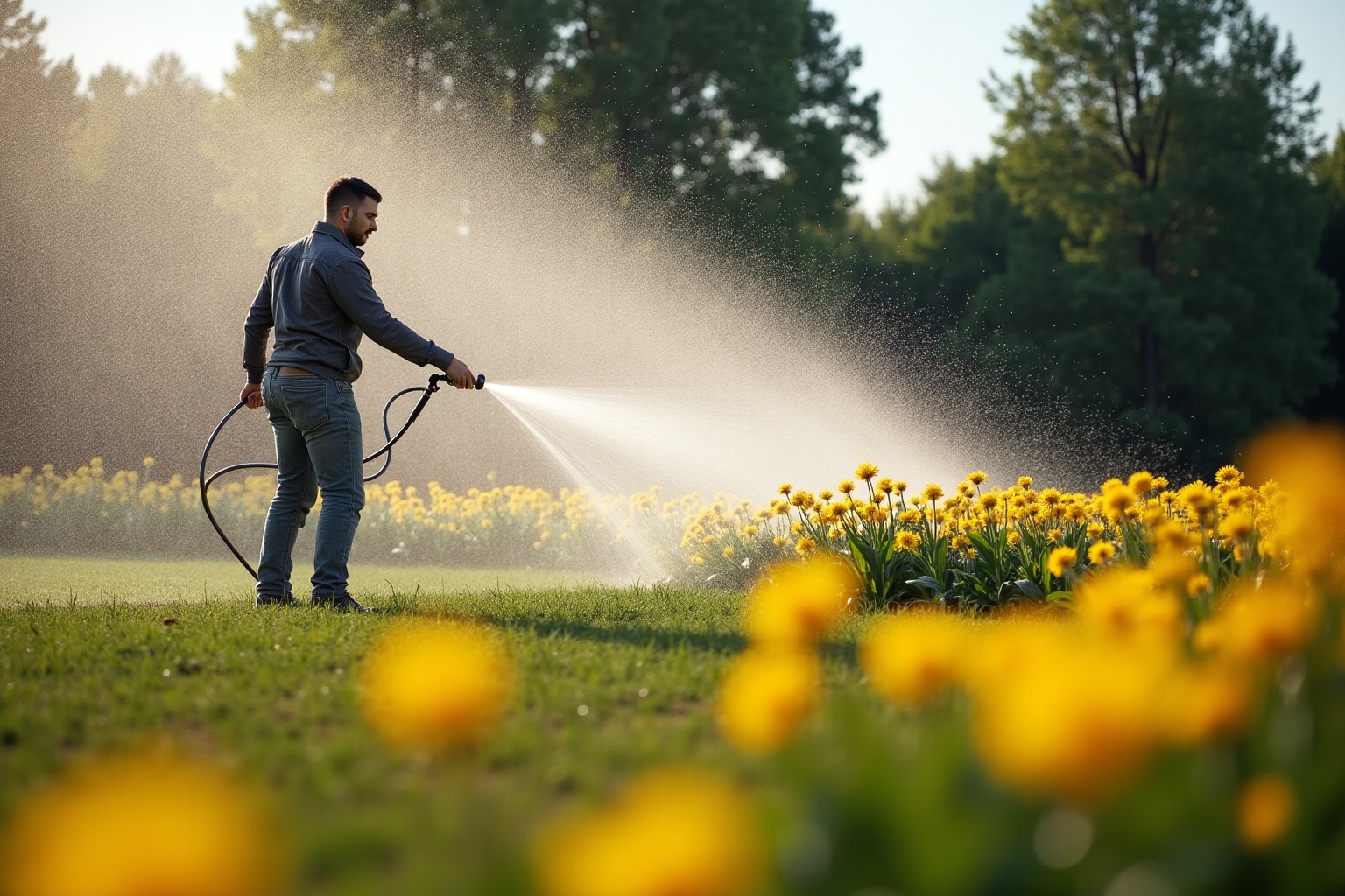 Un homme arrose un champ de fleurs jaunes dans un paysage forestier.