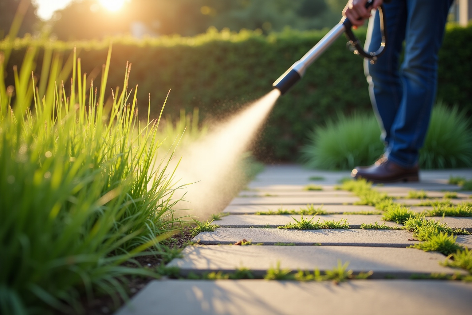Homme arrosant la pelouse avec un tuyau d'arrosage dans un jardin verdoyant.