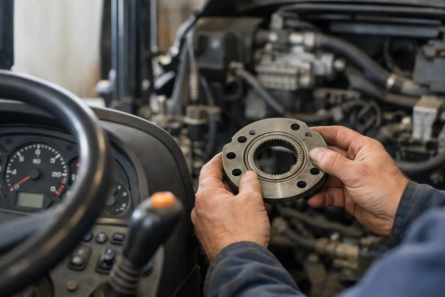 Mécanicien tenant une pièce de moteur automobile dans un atelier.