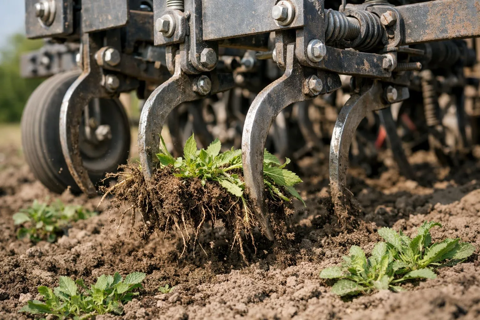 Machinerie agricole labourant le sol et déracinant les mauvaises herbes.