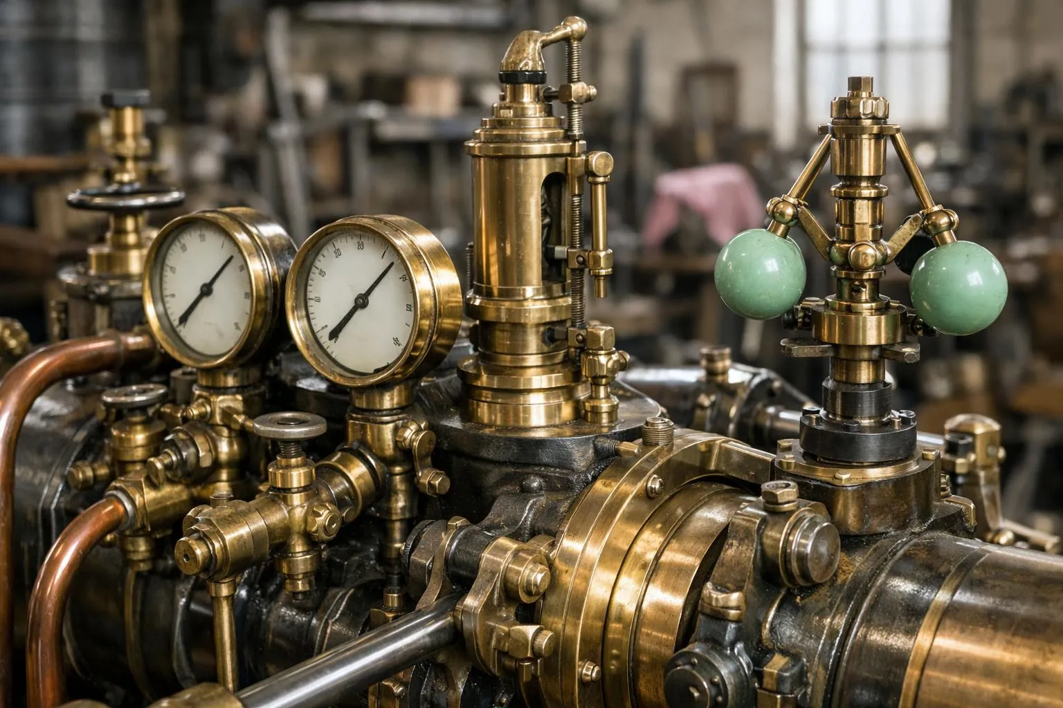 Mécanisme industriel ancien en laiton avec jauges et tuyaux.