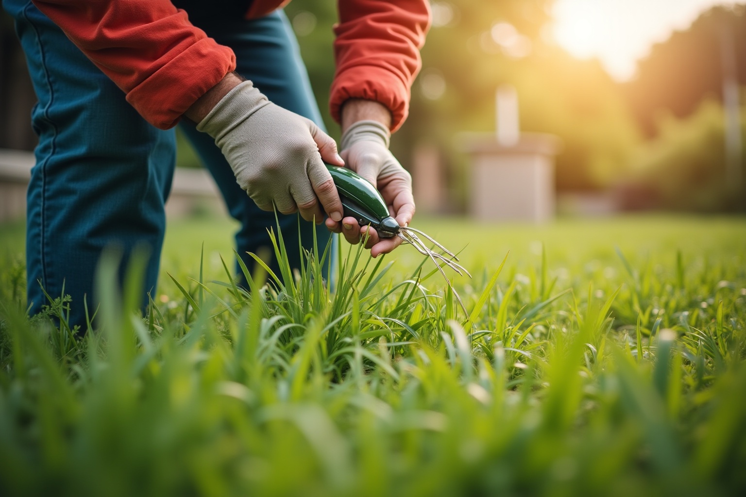 Personne en tenue de jardinage taillant soigneusement l'herbe verte.