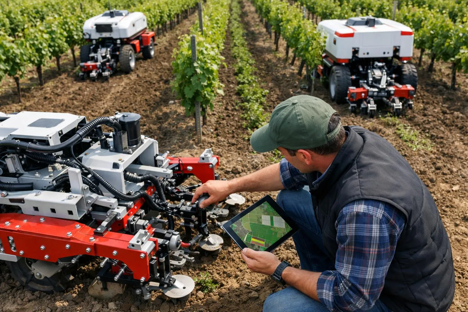Ouvrier agricole réparant un équipement mécanique dans un vignoble.