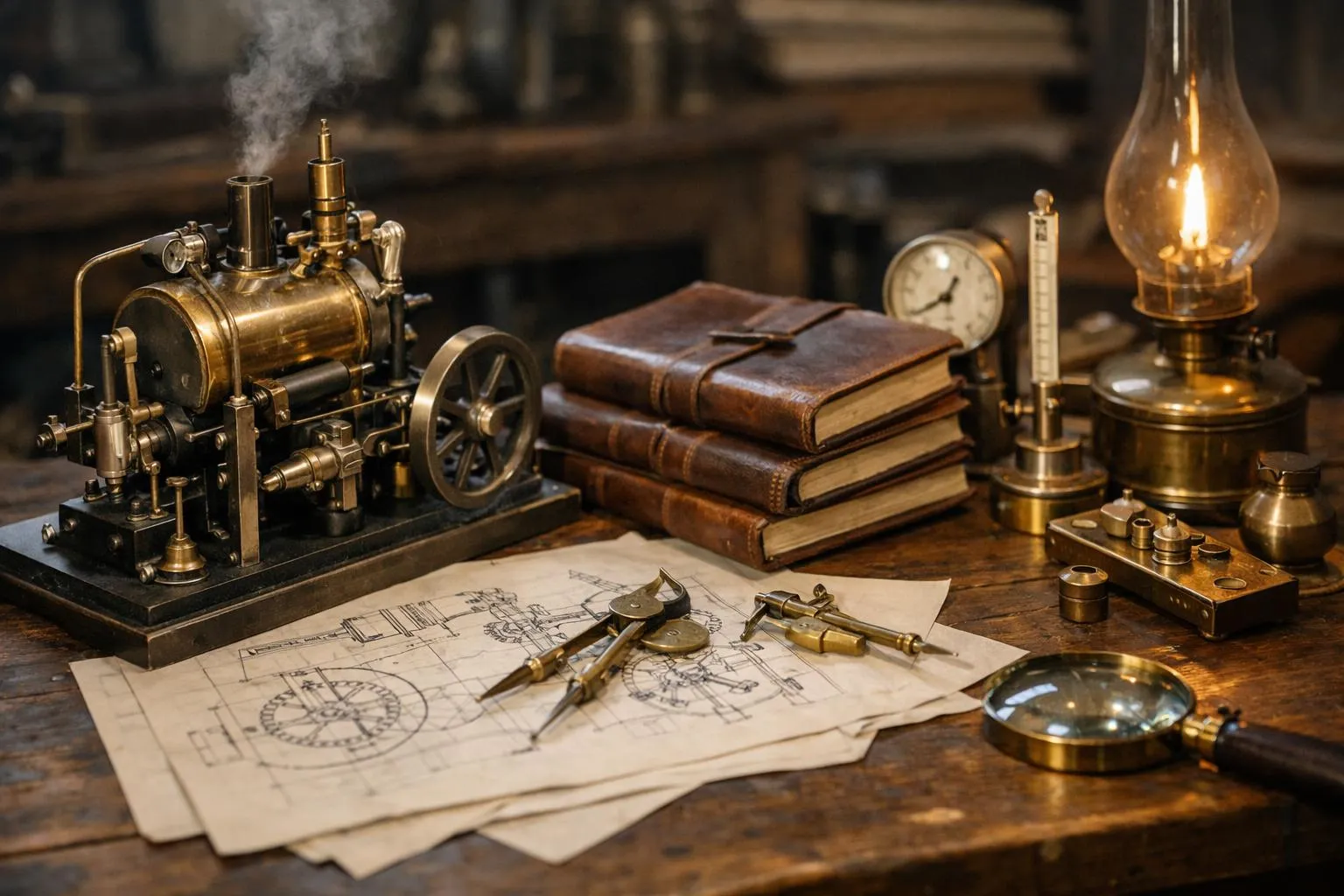 Instruments et objets anciens sur un bureau en bois sombre.