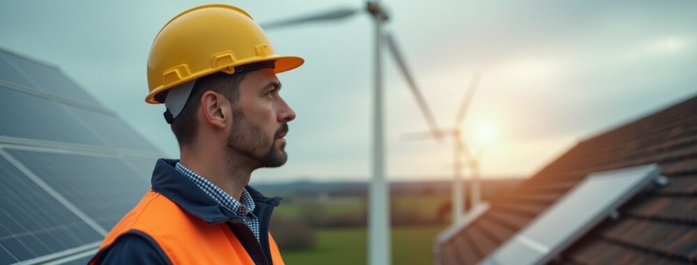 "Énergies renouvelables et fossiles, transition énergétique, ouvrier à côté d'un panneau solaire"