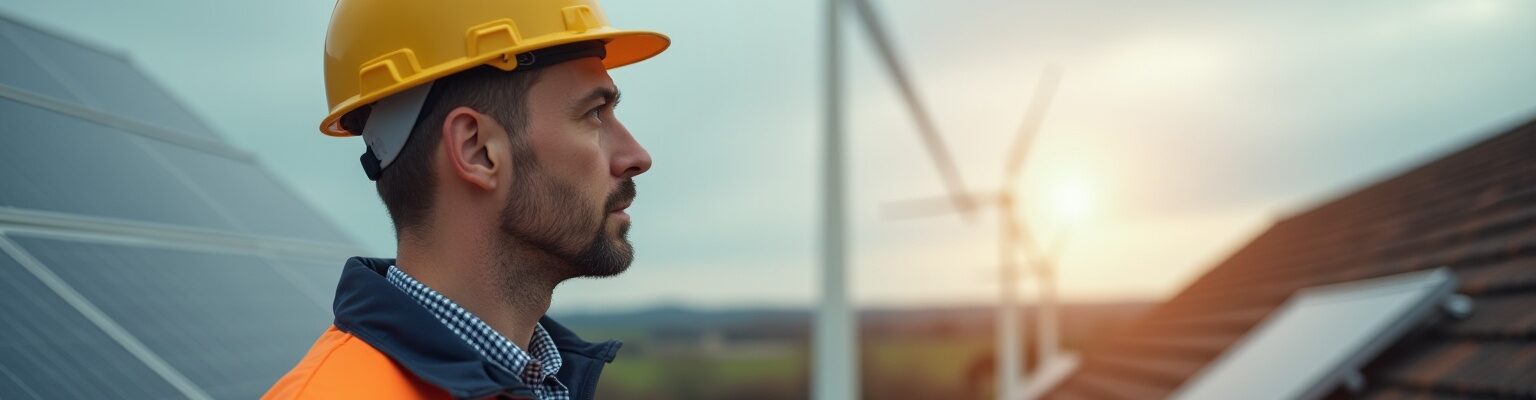 "Énergies renouvelables et fossiles, transition énergétique, ouvrier à côté d'un panneau solaire"