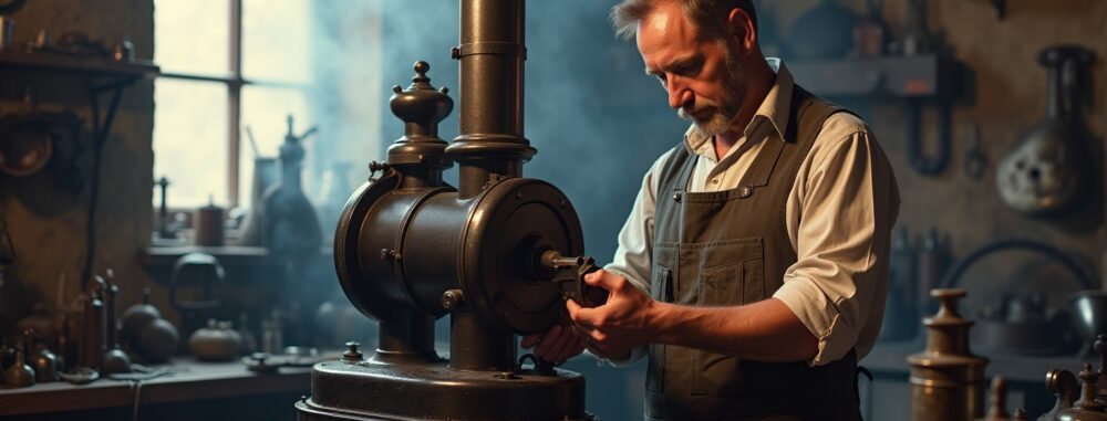 "Machine à vapeur ancienne en fonctionnement, ouvrier en tenue de travail du XIXe siècle dans un atelier"