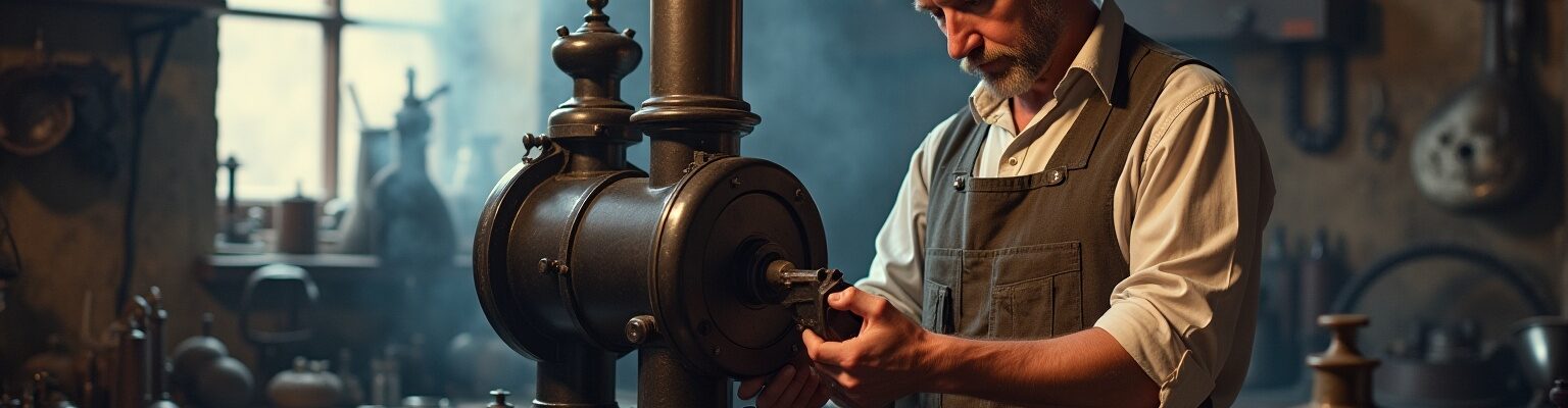 "Machine à vapeur ancienne en fonctionnement, ouvrier en tenue de travail du XIXe siècle dans un atelier"