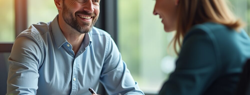 Conseils personnalisés - Un conseiller écoute attentivement son client dans un cadre professionnel chaleureux.