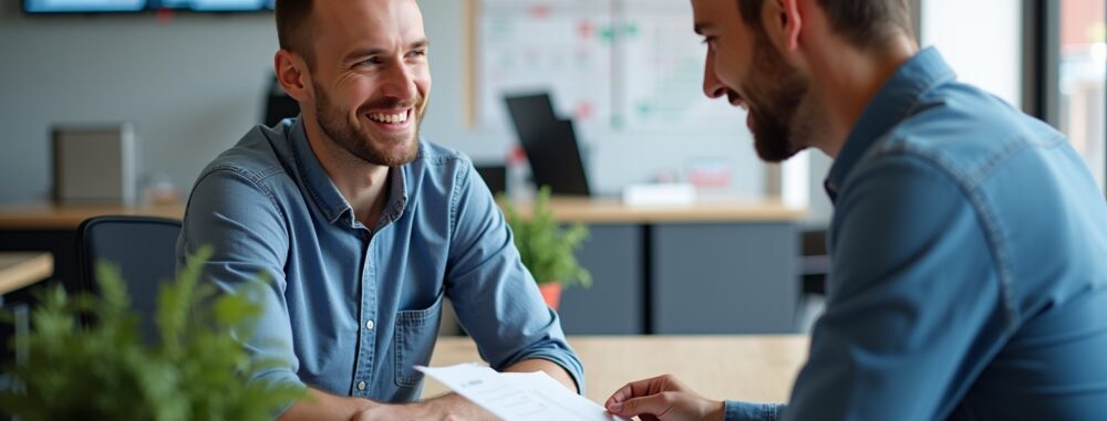 Opérateur commercial Bouygues Telecom en discussion avec un client dans un espace de vente