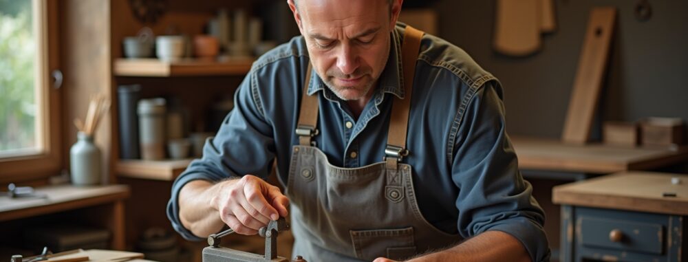 Artisan façonnant du bois dans un atelier, prestation de service commercial ou artisanal.