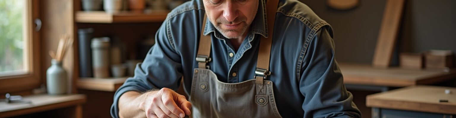 Artisan façonnant du bois dans un atelier, prestation de service commercial ou artisanal.