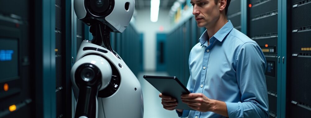 Technicien inspectant un robot industriel intelligent dans un centre de données, entouré de serveurs et de câbles, illustrant