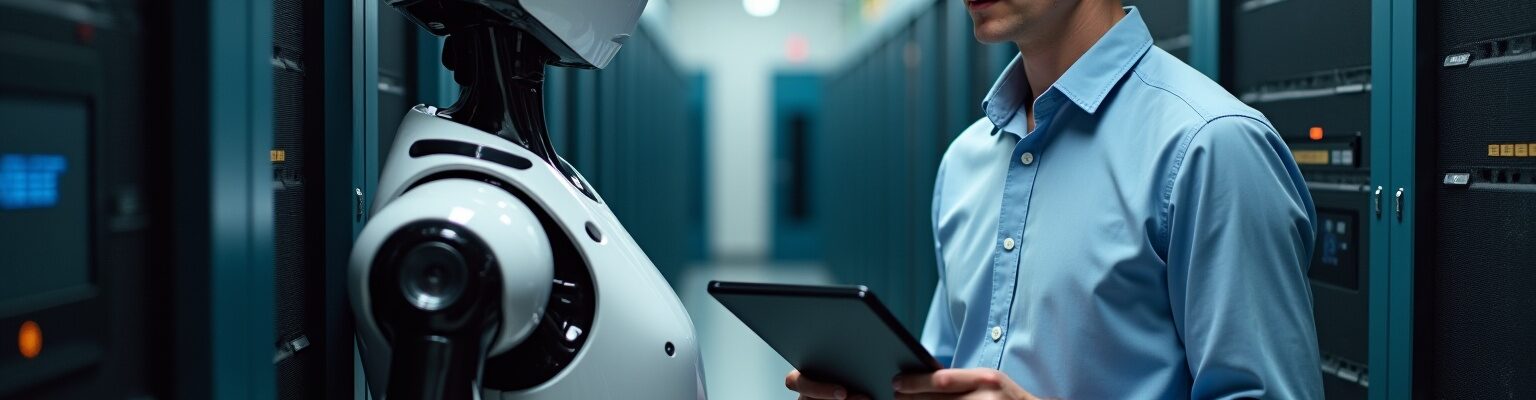 Technicien inspectant un robot industriel intelligent dans un centre de données, entouré de serveurs et de câbles, illustrant