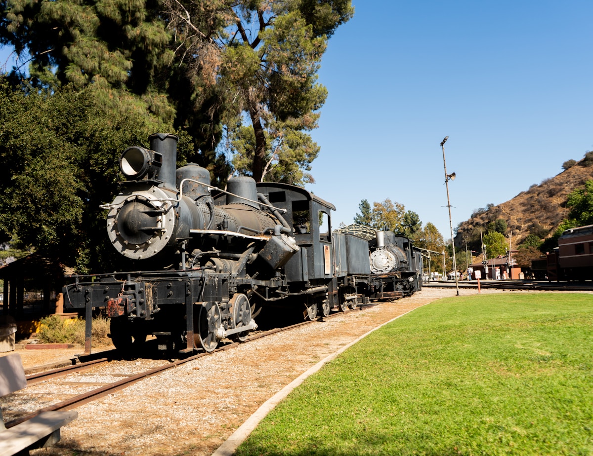 Locomotives à vapeur anciennes sur des voies ferrées dans un parc verdoyant.